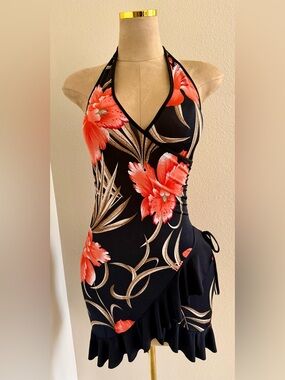 Black Halter Floral Mini dress with Coral Blooms